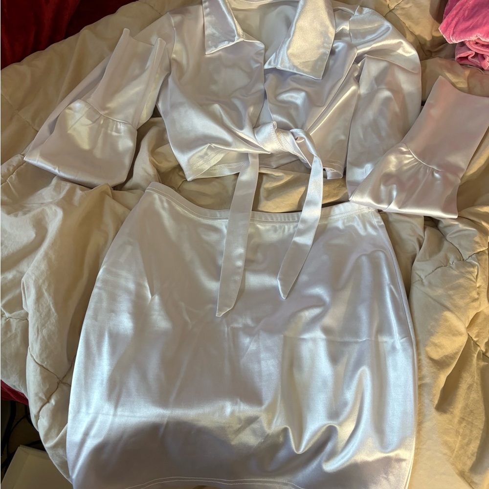 Elegant White Satin Blouse and Skirt Set